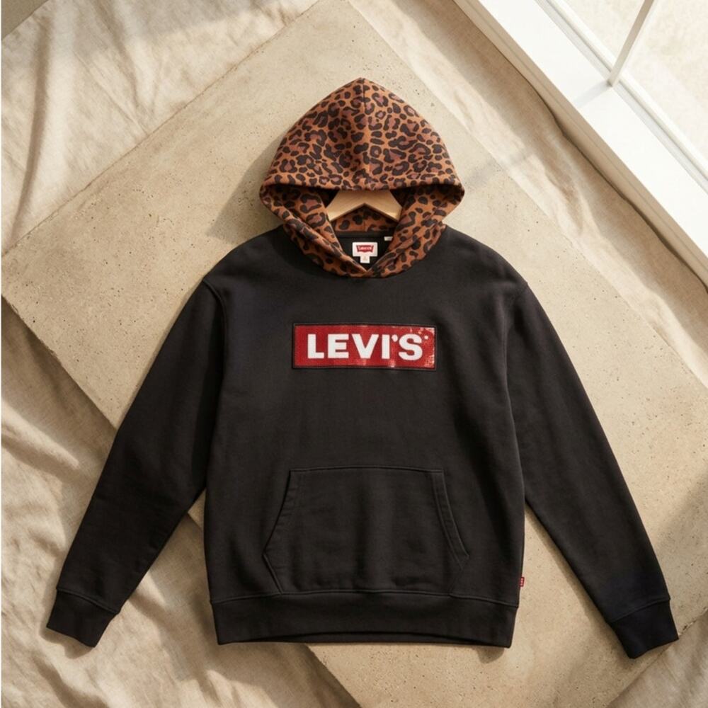 Levi's Black Fleece Hoodie - Size XS - NWT - Red Sequin Logo Leopard Print
